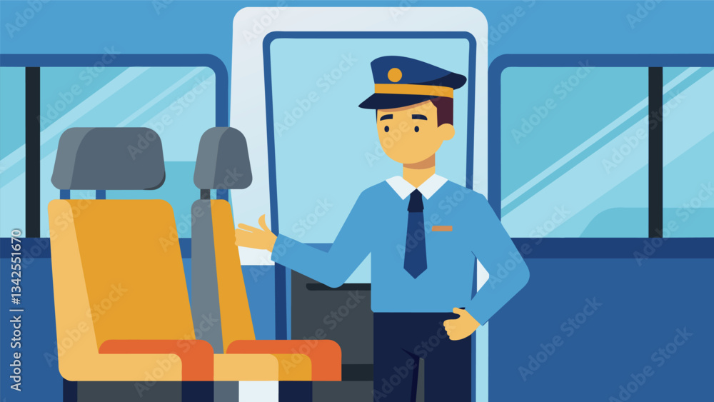 Poster the driver explains the importance of staying seated while the bus is in motion demonstrating the po