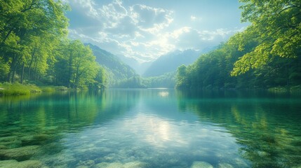 Fototapeta premium Serene Mountain Lake: A Breathtaking View of Nature's Tranquility