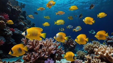 Vibrant coral reef teeming with colorful fish. Sunlight penetrates the azure water, highlighting the diverse marine life.  Coral structures of various hues and shapes populate the scene