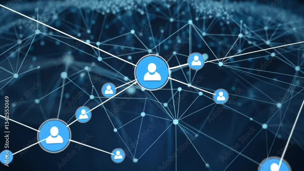 Poster a network of blue lines and dots connecting to a person icon in a blue circle design element