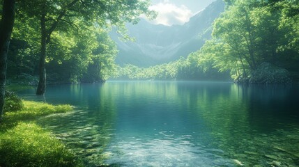 Fototapeta premium Serene Mountain Lake Serenity: A Breathtaking Vista of Nature's Beauty