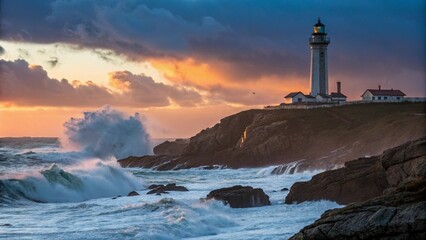 The iconic Pigeon Point Lighthouse stands tall on a rugged cliff as powerful waves crash against the rocks below, captured during a dramatic dusk or dawn with a sky filled with dark clouds and a warm,