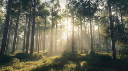 Fototapeta premium Bright and Sunny Forest Landscape with Tall Trees Stretching Upwards, Clear Skies and Sunlight Creating a Peaceful Natural Setting with Space for Promotional or Artistic Copy