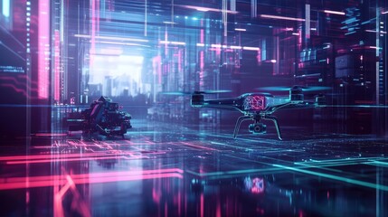 Fototapeta premium Futuristic City Drone Flight Neon Lightscape Performance Art Visuals Illustration Abstract Digital Night Lightscapes Design Artwork Glow Colors Future Illustration 3D Rendering Graphic Design Concept