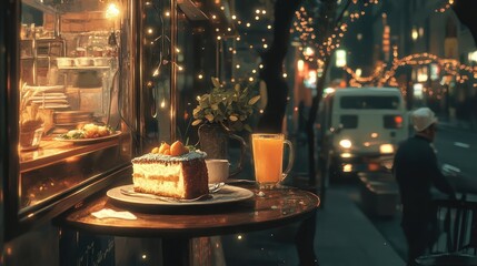 Fototapeta premium City Cafe Evening Scene with Delicious Dessert and Citrus Drink Beverages. Warm Lighting. Cozy Ambiance. Urban Setting. Outdoor Cafe Table. Window View. Night Scene. City Lights. Tasty Treats