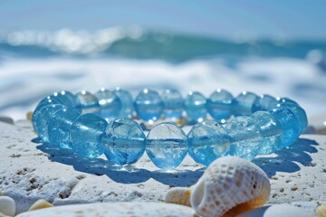 Beautiful transparent blue beads bracelet resting on sandy beach with gentle waves rolling in during sunset