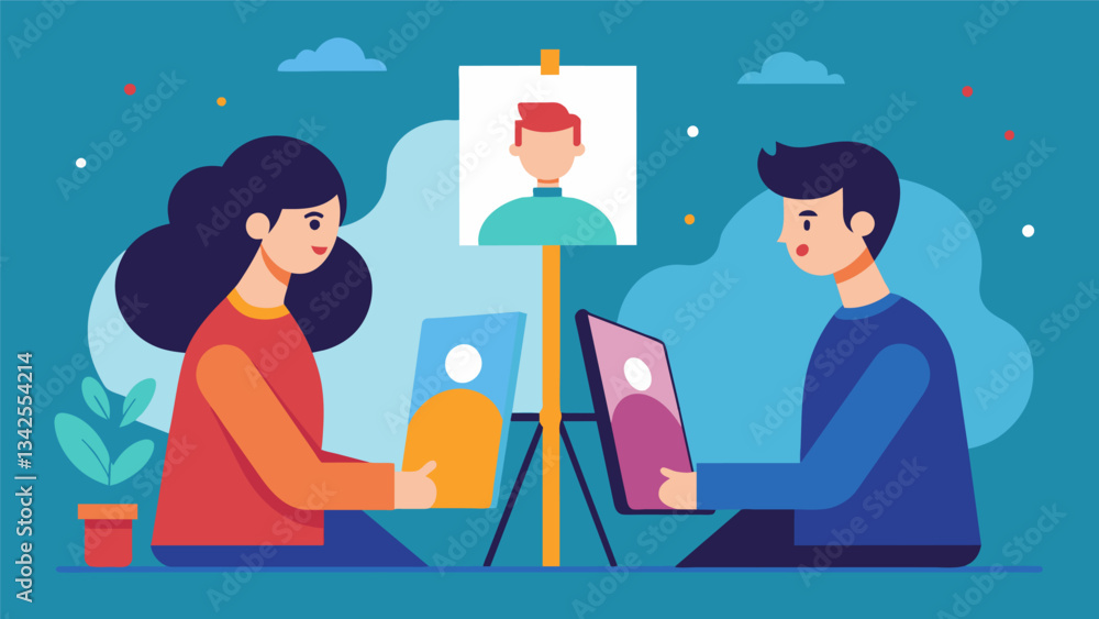 Poster a couple sitting side by side painting one anothers portrait as a way to reconnect and communicate..