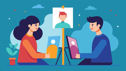 A couple sitting side by side painting one anothers portrait as a way to reconnect and communicate.. Vector illustration