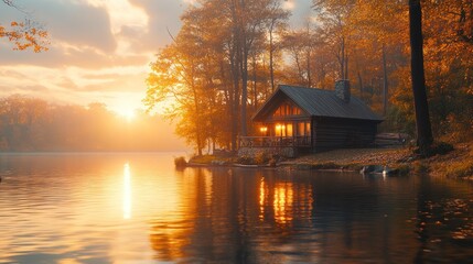 Fototapeta premium Autumnal Lakeside Cabin at Sunset
