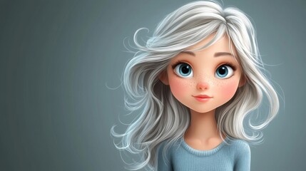 Portrait of a Cute Cartoon Girl with White Hair and Blue Eyes