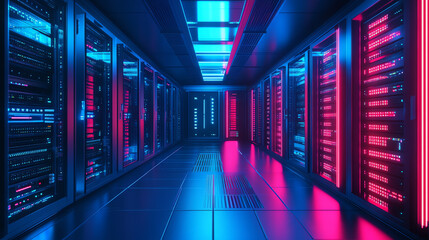 Futuristic server room with vibrant blue and red lights illuminating modern data storage racks.