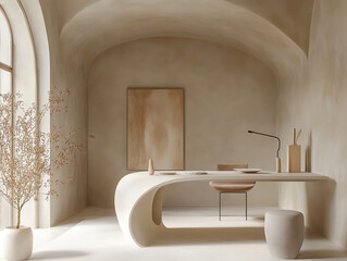 Minimalist office space with curved furniture and soft natural lighting.