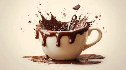 A vibrant hot chocolate cup with dark chocolate shards melting into the creamy surface,. Molten Shards. Illustration