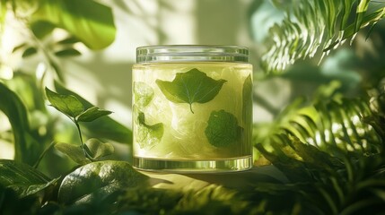 A sleek glass jar, adorned with botanical prints, held a vibrant beauty product, nestled amongst lush green foliage, evoking a sense of natural elegance.