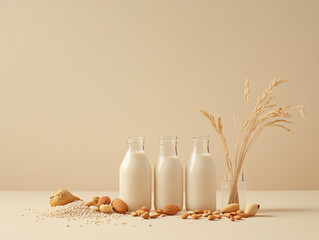 Assorted plant-based milk bottles with nuts and grains on beige background.
