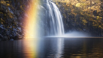 Obraz premium Majestic waterfall with vibrant rainbow reflected in calm water.