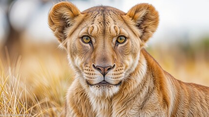 Obraz premium Under the warm afternoon sun, a lioness rests gracefully in the tall golden grasses of the savanna, exuding strength and beauty amidst the serene landscape.