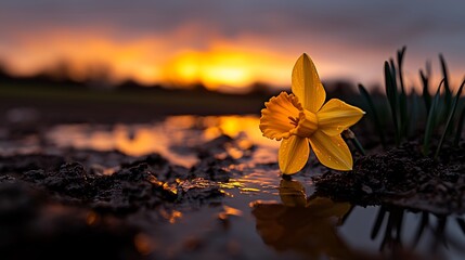 Yellow Daffodil Sunset Reflection