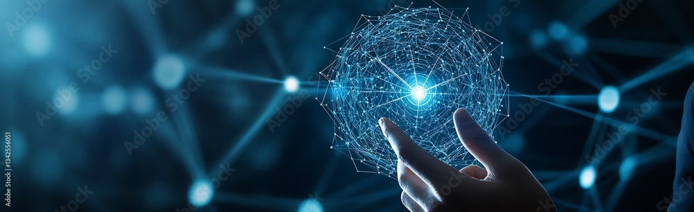 Aufkleber Close-up of a hand reaching out to a luminous digital sphere symbolizing advanced technology and networking : Generative AI