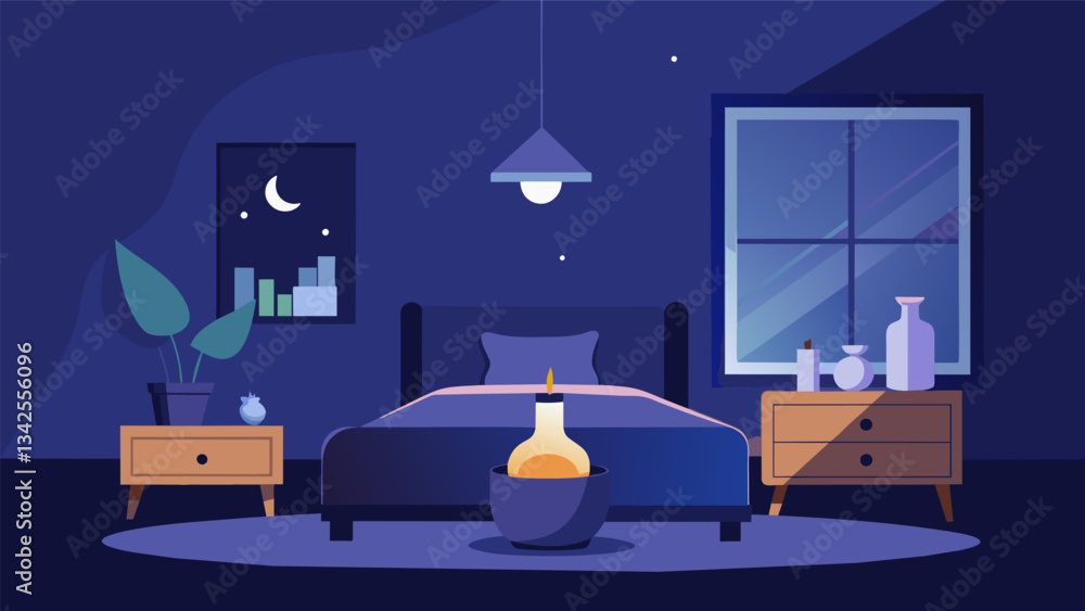 Poster a cozy bedroom with dim lights and a soothing aroma diffuser creating a peaceful and calming atmosph