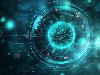 Fototapeta premium Futuristic digital interface with glowing orb, technology concept with cyberspace elements.