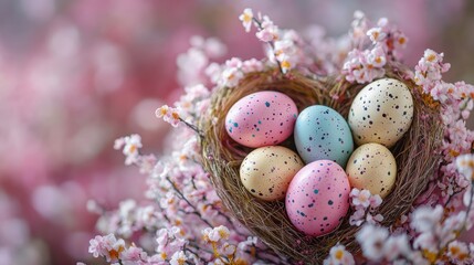 A vibrant Easter bouquet, its heart overflowing with pastel-hued painted Easter eggs nestled amongst delicate sprigs of spring branches, exuding a cheerful and festive aura.