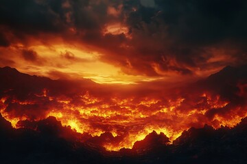 Fototapeta premium Intense volcanic eruption scene with lava flow and dark clouds creating a dramatic atmosphere : Generative AI
