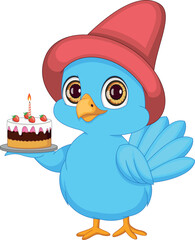 cute bird with birthday cake cartoon