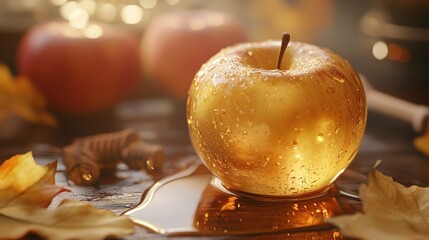 Obraz premium A joyous Rosh Hashanah, a time for reflection and renewal, symbolized by the golden apple and the sweet taste of honey.
