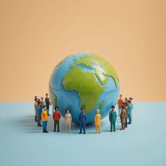 Global Community Diverse Miniature People Around a World Globe