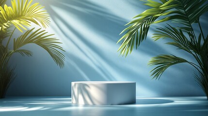 Obraz premium Clean and Minimalistic Platform with Blue Rays and Palm Shadows for Product Showcase