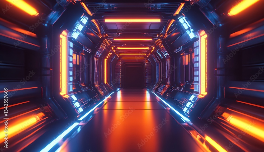 Aufkleber futuristic corridor with glowing orange and blue lights offering a striking visual effect : generati
