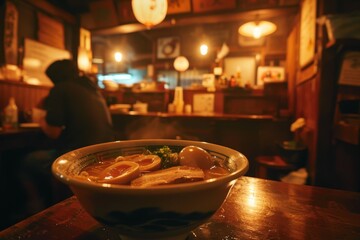 Steam rising from a bowl of noodles in a vibrant restaurant during dinner in the evening
