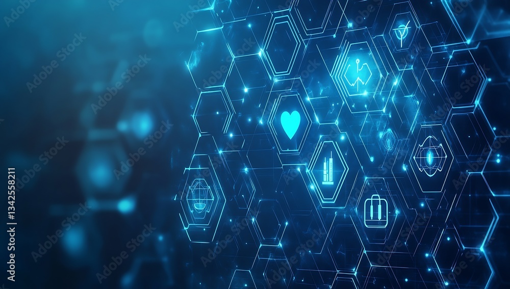 Poster Advanced healthcare data visualization featuring heart icons and a series of interconnected technology symbols in bright blue tones : Generative AI