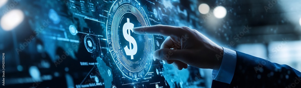 Poster close up of hand interacting with digital dollar sign and global currency network : generative ai