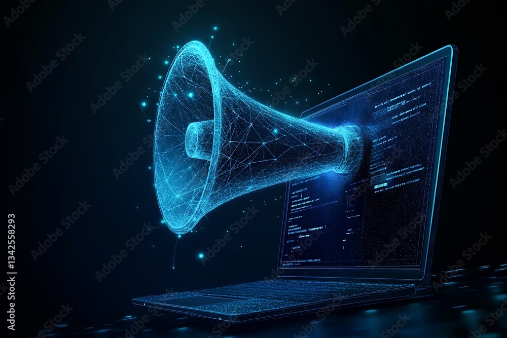 Poster Innovative digital representation of sound emerging from a computer with a futuristic design in blue hue : Generative AI