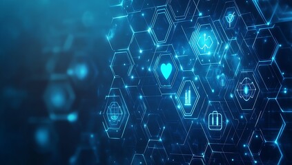 Advanced healthcare data visualization featuring heart icons and a series of interconnected technology symbols in bright blue tones : Generative AI