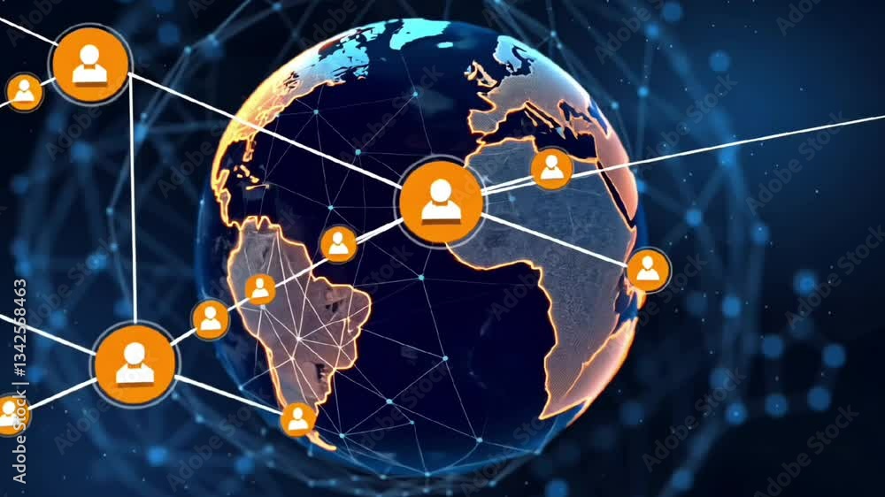 Poster a digital globe with a network overlay and a user icon centered over south america region