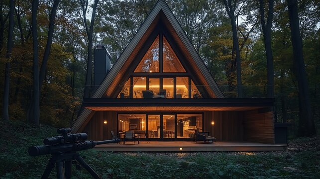 Fototapeta A-frame Cabin Lit Up at Dusk in the Forest Setting