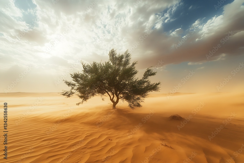 Poster Tree framed by gentle winds and soft sunlight creating a dramatic yet peaceful scene in the sandy desert : Generative AI