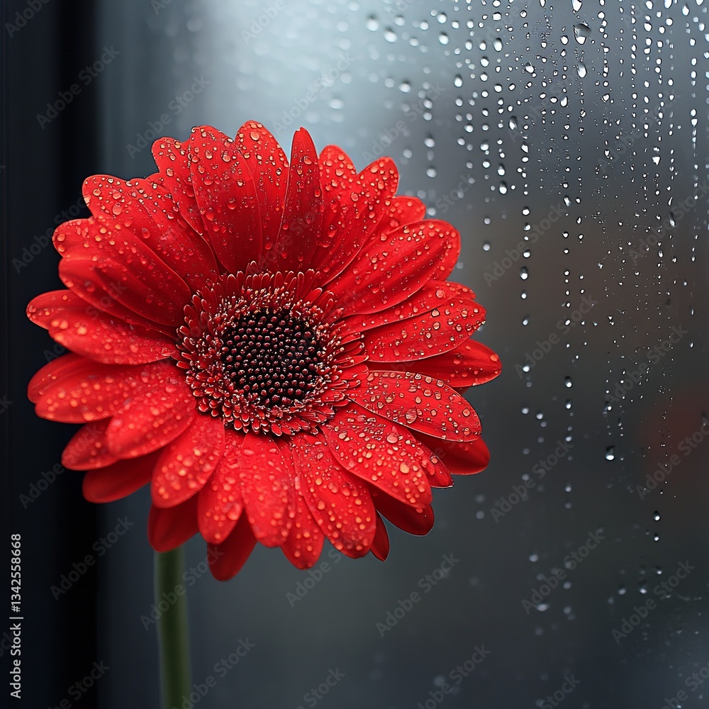 Poster vibrant red flower with droplets on petals in front of a rainy window creating a stunning natural st