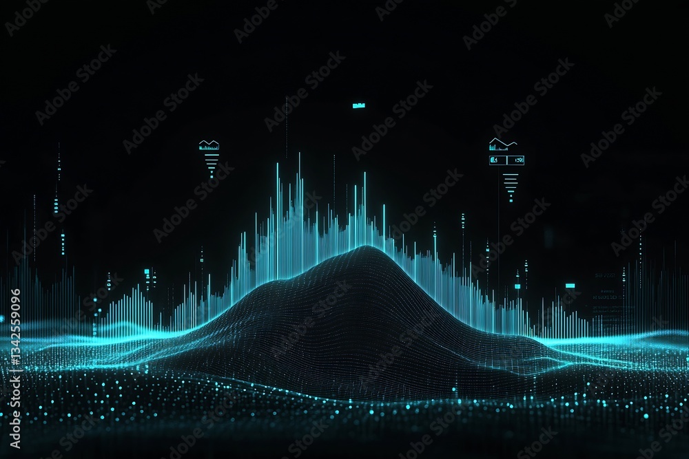Aufkleber digital landscape featuring blue glowing waves and towering bars illustrating data trends and metric