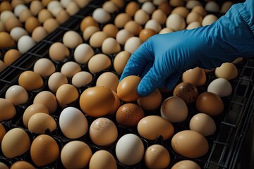 A gloved hand selects eggs from a tray of various colors and sizes