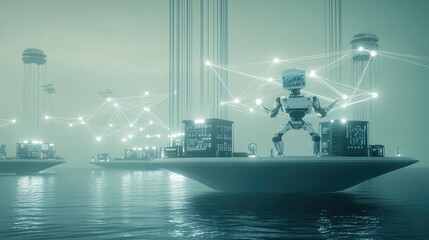 Fototapeta premium Futuristic Cityscape With Automated System And Network Connections Of Data Streams Generated From Digital Systems And Structures On A Landscape Setting Displayed In Artistic Style With Abstract