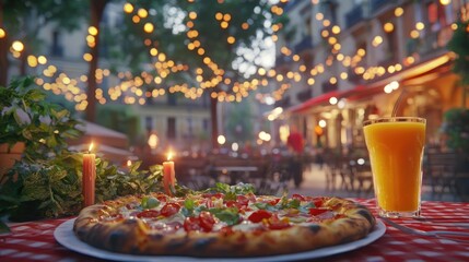 Delicious Pizza and Orange Juice on a Romantic Outdoor Table at Nighttime Cityscape with Streetlights and Candles in Summer Evening Ambiance for a Date Night Meal and Refreshing Drinks with Fresh