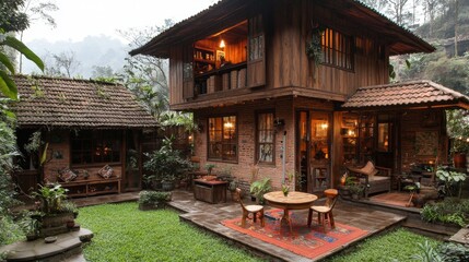 Obraz premium Charming house nestled in the woods surrounded by lush greenery and tall trees creating a serene escape