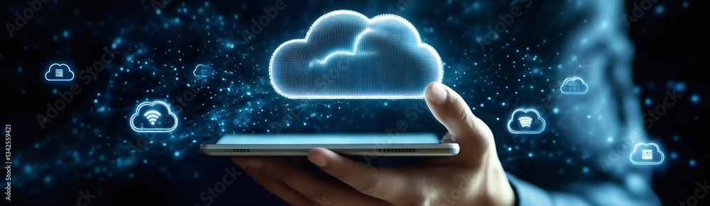 Fototapete Individual Using Smartphone with Floating Graphic Cloud Representing Digital Solutions and Connectivity : Generative AI