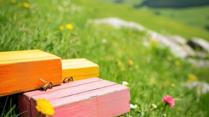 Colorful blocks in a grassy field with flowers.