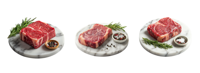 Fresh Cuts of Meat on Marble Plates with Herbs and Spices Arrangement
