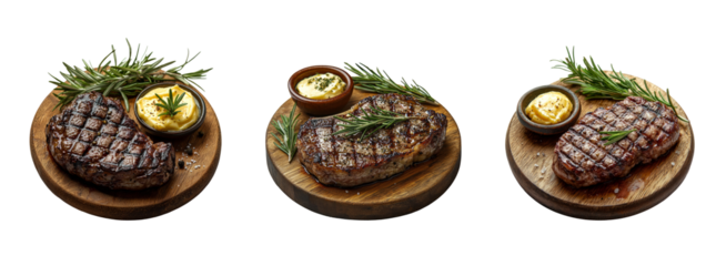 Grilled Steak Platter with Herbs and Dipping Sauces on Wooden Boards